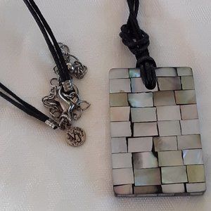 Mosaic Abalone MOP Pendant Signed VJ (Vickie Jousan) Adjustable Black Cord